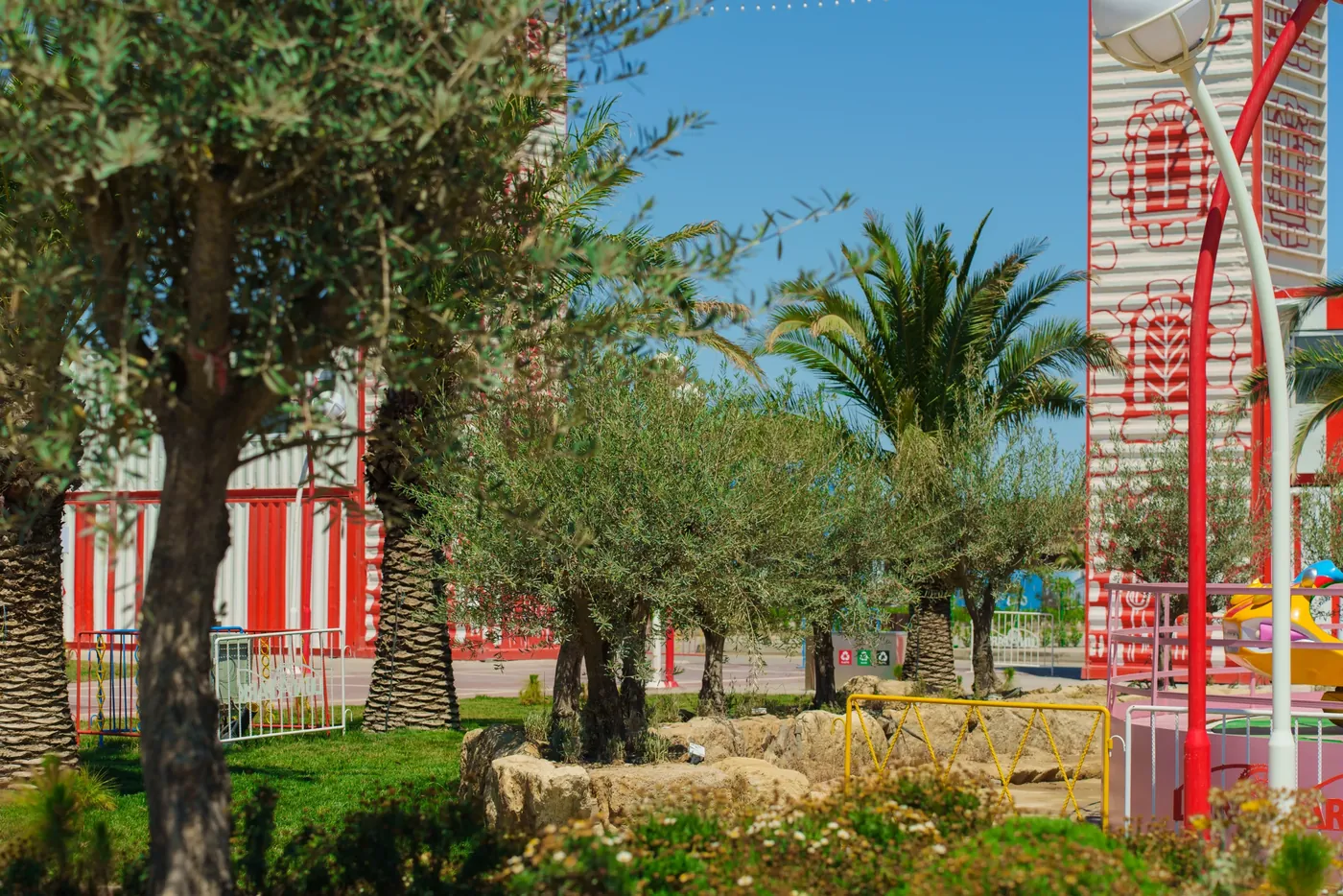 עצי זית ליד הביתנים המפוספסים